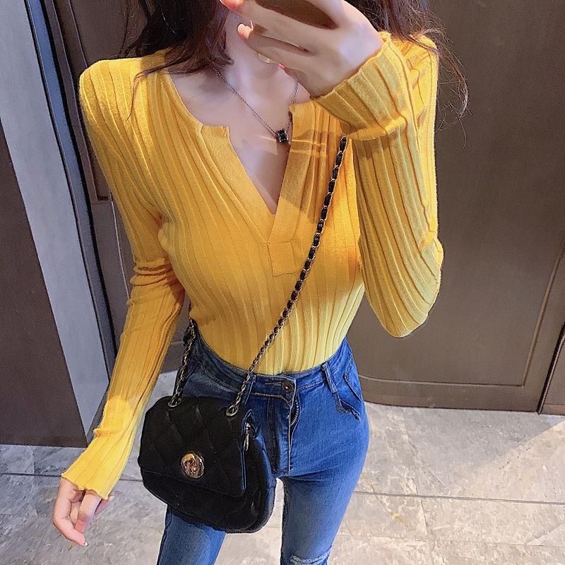 Pofulove Fashion Sexy V-neck Sweater Women Autumn and Winter Solid Color Long-sleeved Shirt
