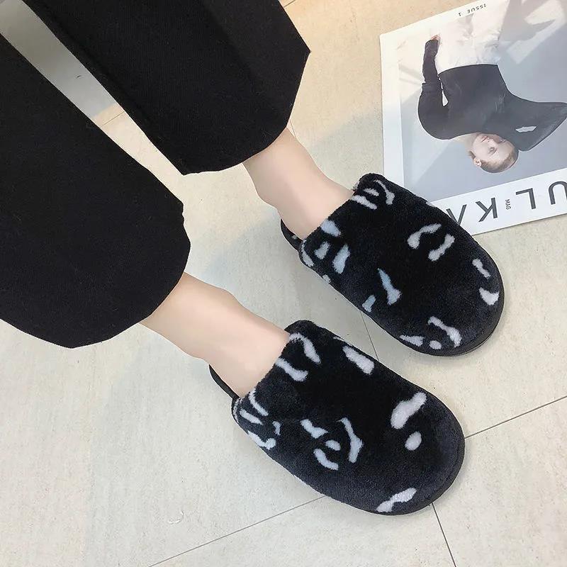 Autumn and Winter Cotton Slippers Cute Furry Cotton Slippers Leopard Print Cotton Slippers Women