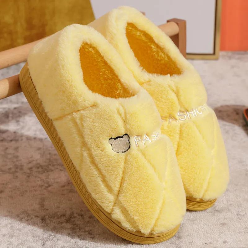 Women Unisex Winter Home Slippers Leather Waterproof Non Slip Slippers Plush Warm Indoor