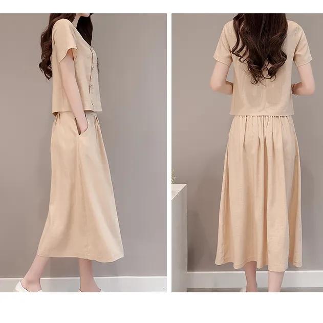 Large Size Summer Cotton Linen Short-sleeved Top+skirt Two-piece Set Solid Color Loose Pleated Skirt Casual Pocket Breathable Skirt Suit