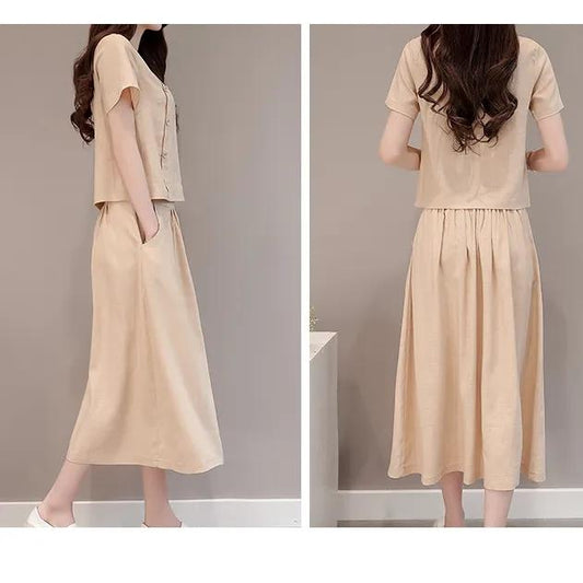 Large Size Summer Cotton Linen Short-sleeved Top+skirt Two-piece Set Solid Color Loose Pleated Skirt Casual Pocket Breathable Skirt Suit