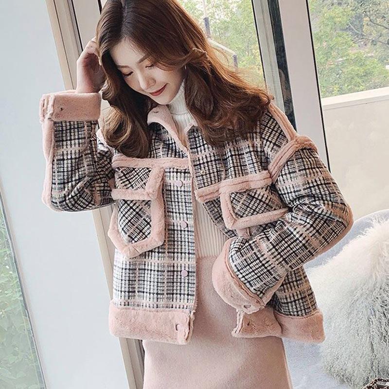 Faux Fur One-piece Plaid Jacket Women Plus Velvet Short Autumn and Winter Loose and Thin Jacket Ladies Temperament Warm Jacket