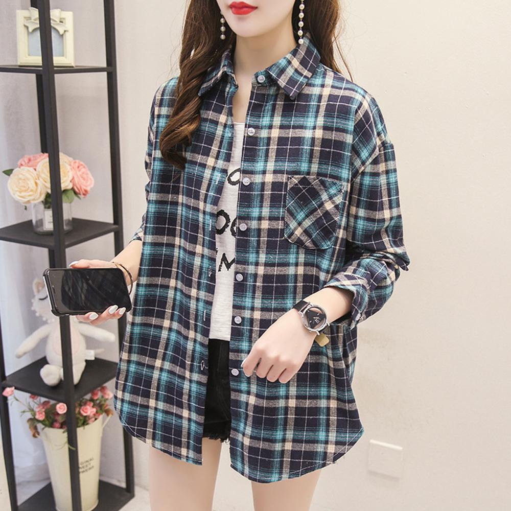 Women's Spring Summer Large Size Long Sleeve Shirts Female Vintage Loose Plaid Coats Turn Down Collar Button Tops Blouse