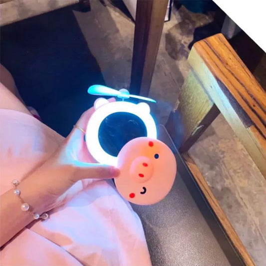 Cute pig USB Rechargeable LED Makeup Mirror Folding Light Convenient Small Mirror Beauty Makeup Ladies Portable Mirror