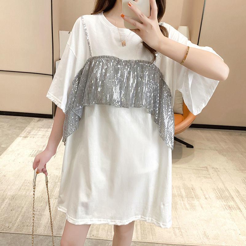 Shiny Sequins Women summer Dress Girl Loose O-Neck short Sleeve Casual Long T-shirt Dress Loose