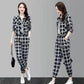 Women's 2-piece Workwear Plaid Suit Casual Harem Pants + Short Long Sleeve Jacket Loose and Comfortable Black and White Plaid