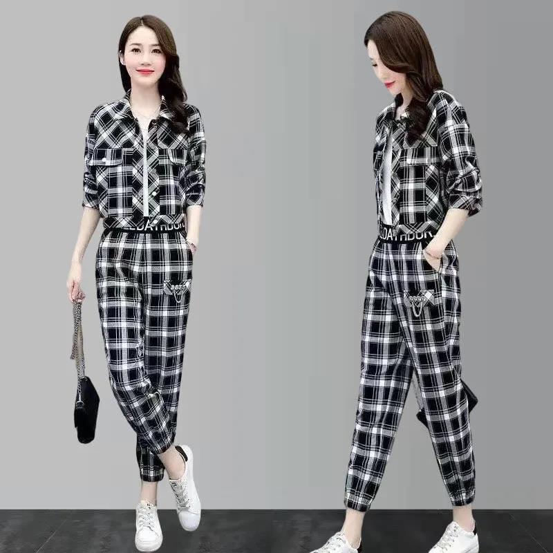 Women's 2-piece Workwear Plaid Suit Casual Harem Pants + Short Long Sleeve Jacket Loose and Comfortable Black and White Plaid