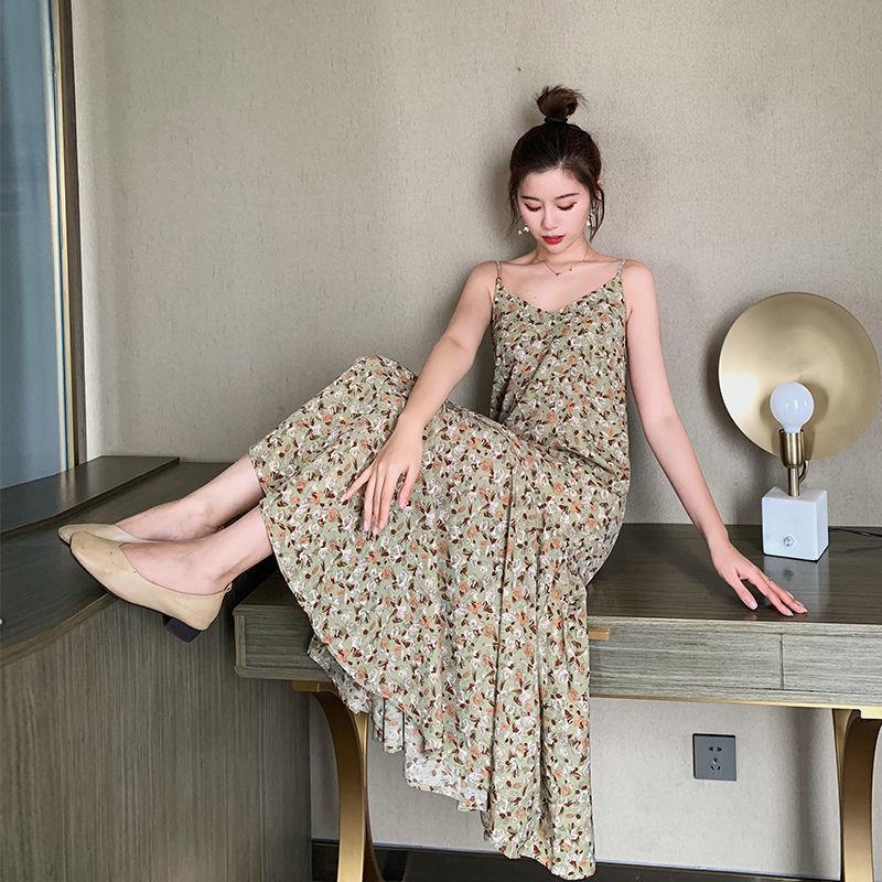 Floral Sling Skirt Cute Sweet Girl V-neck Mid-length Dress Sleeveless