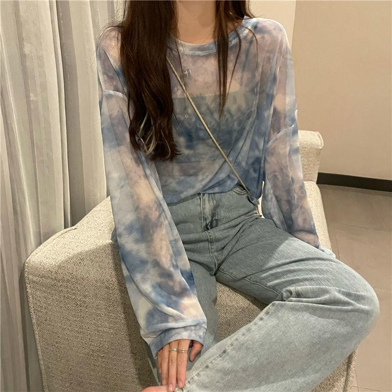 Fall Version of Tie dye Loose Simple Long-sleeved fall T-shirt Women Simple Pure color Bottoming Net yarn Blouse Tee