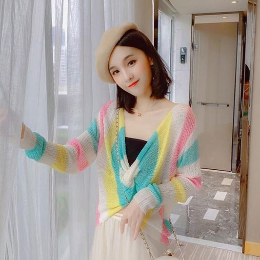 Western Style Spring and Autumn Clothes V-neck Cross-navel Short Loose Knit Sweater Rainbow Long-sleeved Sweater
