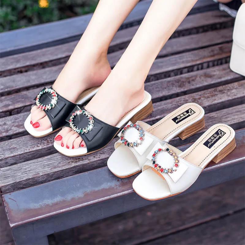Middle Heel Square Toe Sandals Female Fairy Thick Heel Rhinestone Slippers Open Toe All-match Shoes Beach Shoes
