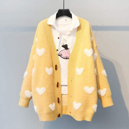 Autumn and Winter Loose Mid-length Cardigan Lazy Heart-shaped Sweater Student Casual Jacket