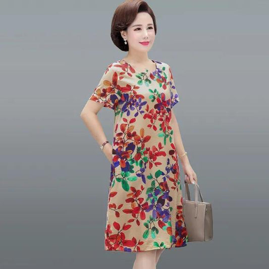 Female Vintage High Waist Holiday Dress Elegant Large Size Slim Floral Print Casual Dress