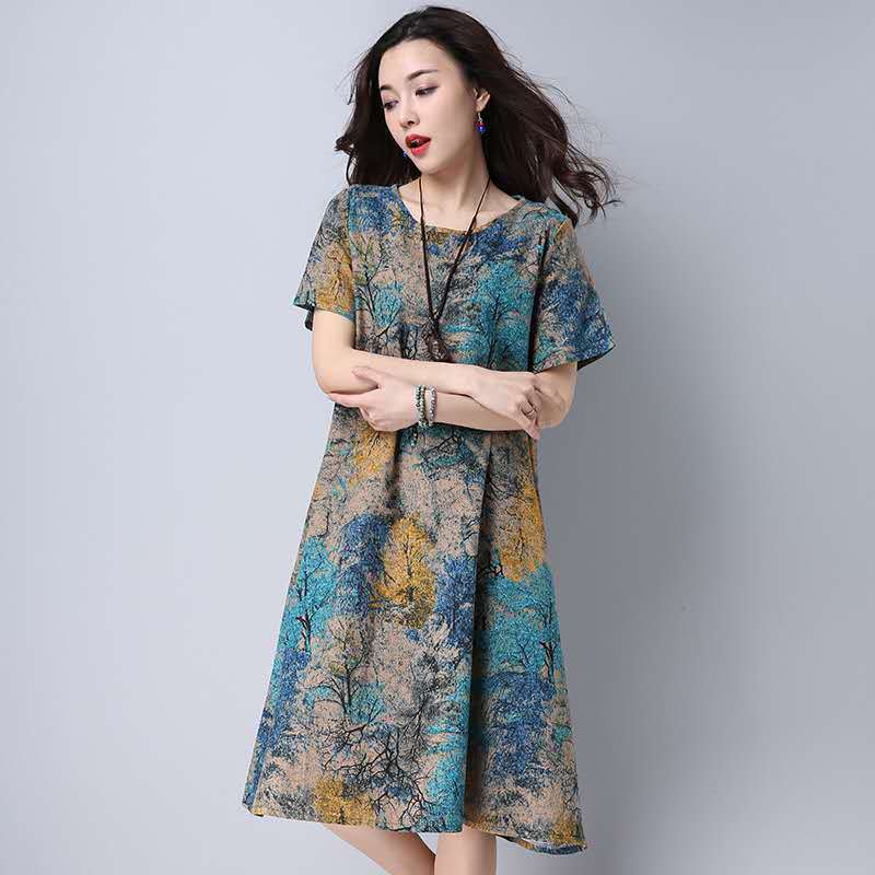 Women Summer Dress Loose Plus Size Casual Dress Vintage Print Beach Sundress Dresses Vestidos
