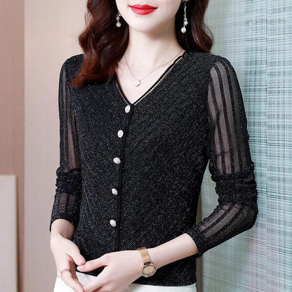 Women's Spring and Autumn Large Size Long Sleeve Bottoming Shirt Solid Color Lace V-Neck Slim Top
