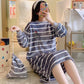 Large Size Women's Winter Warm Coral Fleece Stripes Nightdress Cute Cartoon Printing Pyjama Plus Fat Oversize Long-sleeves Pajamas Flannel Home Wear