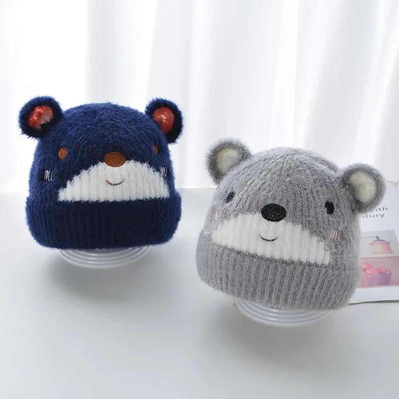 Cute 3D embroidered bear ears baby hat autumn and winter cartoon baby wool hat double layer warm children soft and comfortable hat 8M to 3Y