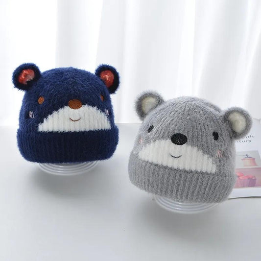 Cute 3D embroidered bear ears baby hat autumn and winter cartoon baby wool hat double layer warm children soft and comfortable hat 8M to 3Y