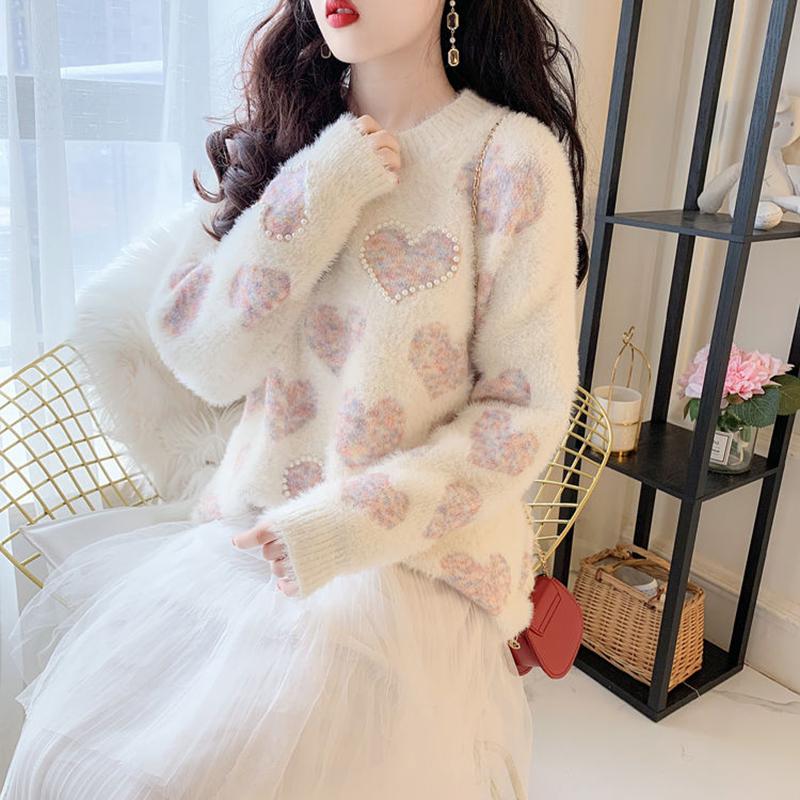 Long-sleeved Women's Knitted Sweater Student Girl Sweet Little Fresh Mink Fleece Sweater Top
