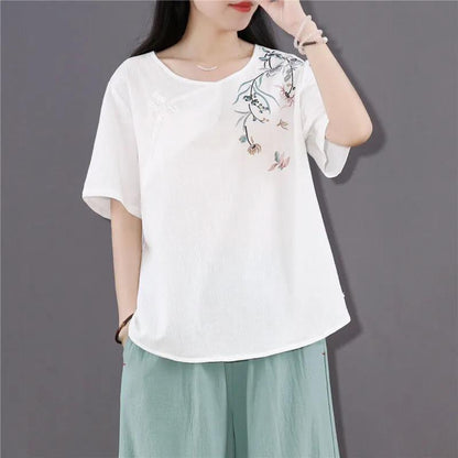 Women's Summer Embroidered Short Sleeve T-Shirt Loose All-match Round Neck Top