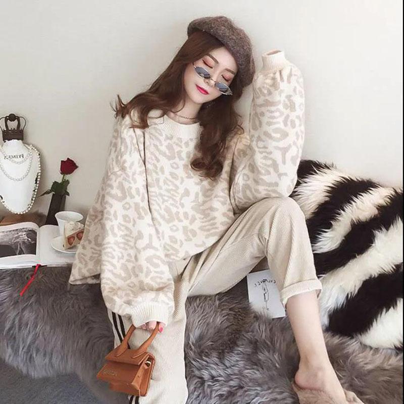 Autumn and Winter Ladies Sweater Leopard Print Knit Sweater, Oversized Casual Loose O Neck Knitwear Top