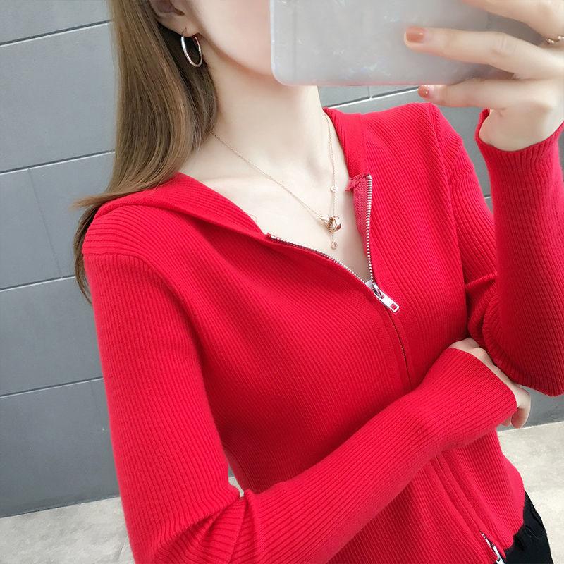 Spring and Autumn Knitted Cardigan Sweater Short Hooded Slim Top Solid Color Zipper Female Jacket