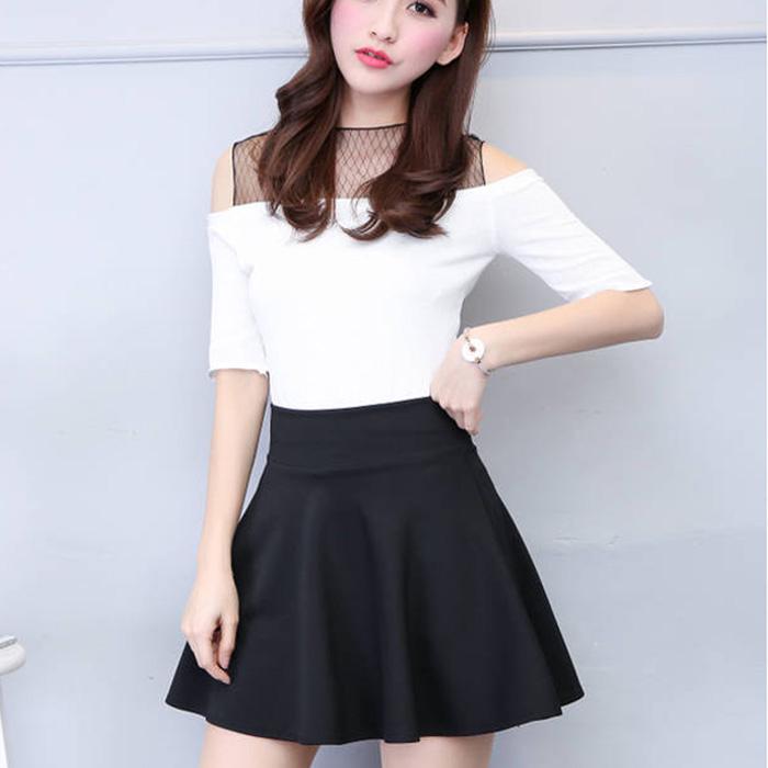 Summer Women Balck Short Skirt Pleated Skirt A-line Skirt Elastic High Waist Sexy Thin Puff Skirt