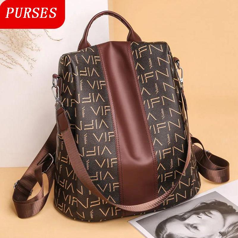 Leather Texture Backpack Female Student Schoolbag Trend Soft Leather Lady Large-capacity Travel Bag