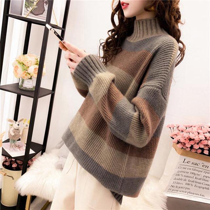 Women's Striped Turtleneck Sweater Long Sleeves Loose Mid-length Pullover Sweater Jumper