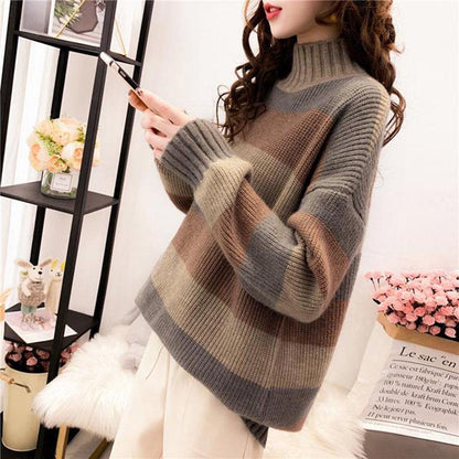 Women's Striped Turtleneck Sweater Long Sleeves Loose Mid-length Pullover Sweater Jumper