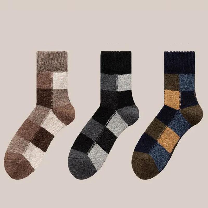 Three Pairs of Winter Men's Wool Socks Plus Velvet Thick Terry Snow Socks Fashion Stitching Multicolor Tube Socks