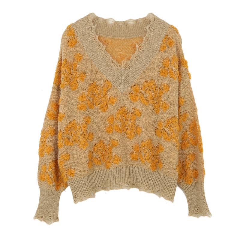 Autumn Winter V-neck Knitted Sweater Hollow Jacquard Design Long Sleeve Casual Fashion Pullover Thickening