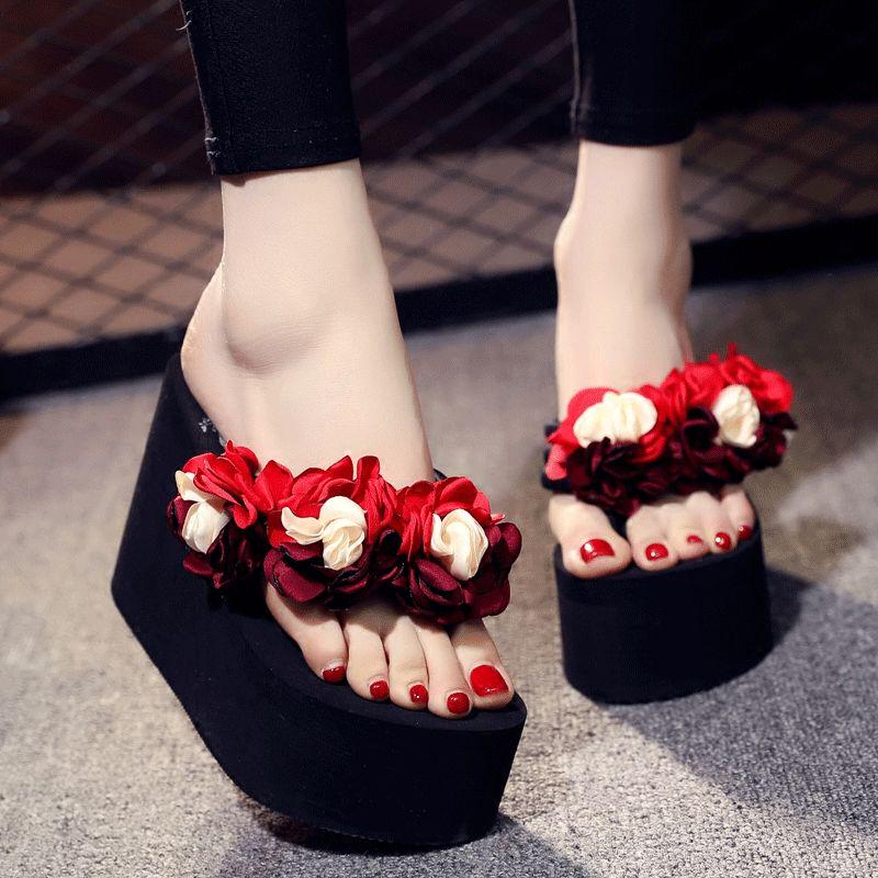 Women's Large Size High-heeled Word Drag Female Slip Fashion Beach Sandals Sandals and Slippers DIY Flowers Sandals Simple