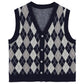 Spring and Autumn College Style Retro V-neck Plaid Knitted Vest Women's Loose Outer Wear Sleeveless Women's Sweater Vest