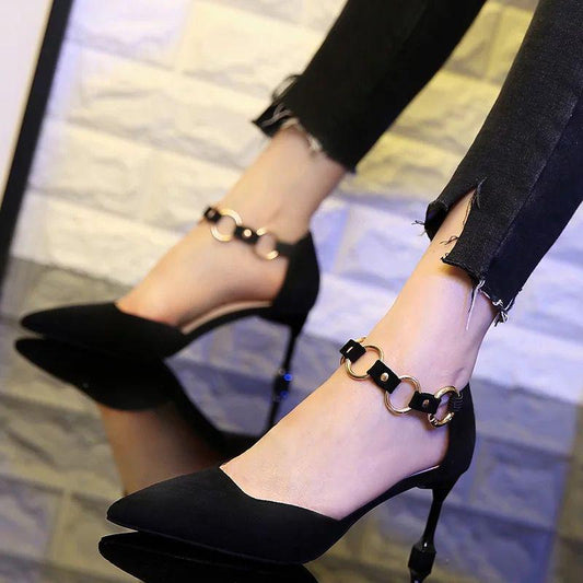 7cm Fashion European American Matte Leather Shallow Mouth Sandals Fashion Buckle Women's High Heels.