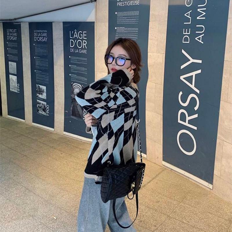 Pofulove Lazy Sweater Girl Student Korean Loose Autumn Winter Warm V-Neck Diamond Plaid Sweater