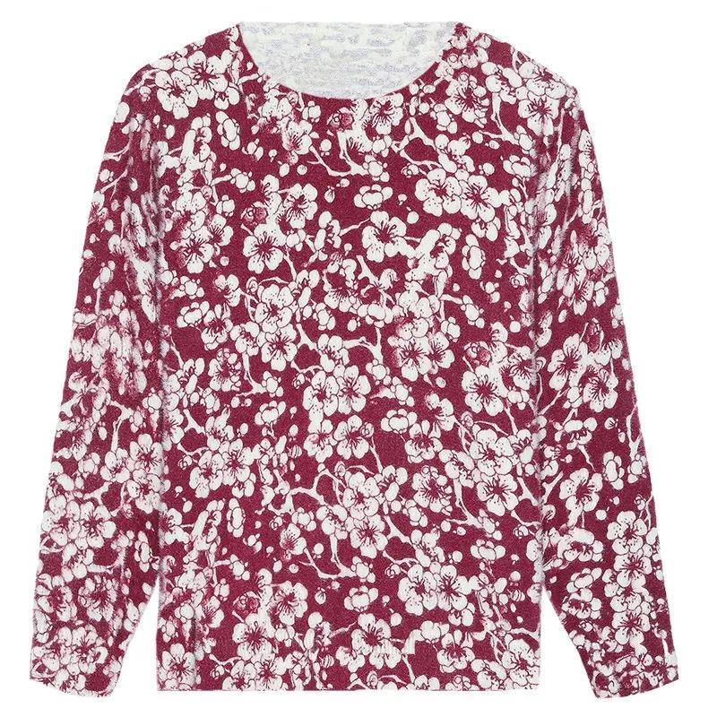 Spring and Autumn Mother Round Neck Long-sleeved T-shirt Women Floral Slim Top Women
