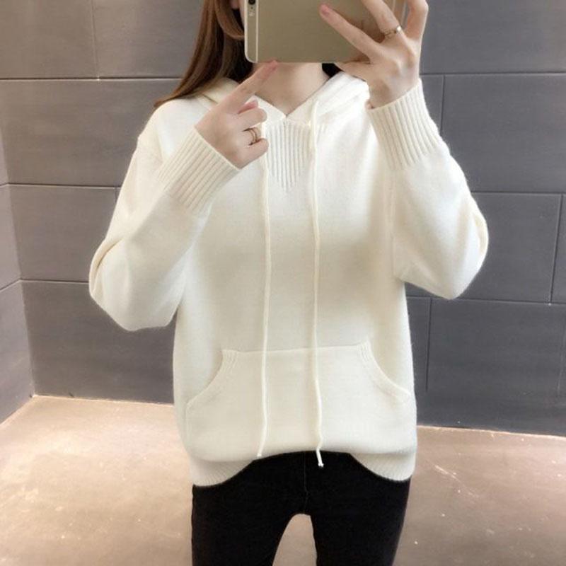 Hooded Sweater Women Loose Pullover Knit Sweater with Pockets for Outer Wear Base Knit Jumper
