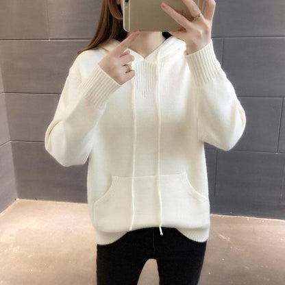 Hooded Sweater Women Loose Pullover Knit Sweater with Pockets for Outer Wear Base Knit Jumper