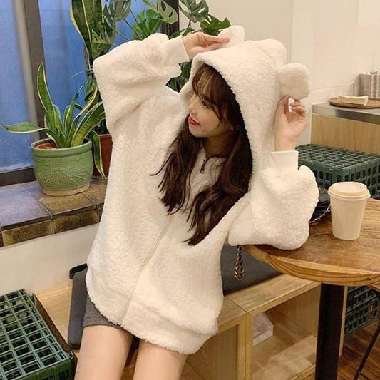 Loose Sports Coat Bear Ears Warm Sweater Plush Long-sleeved Hooded Blouse Women