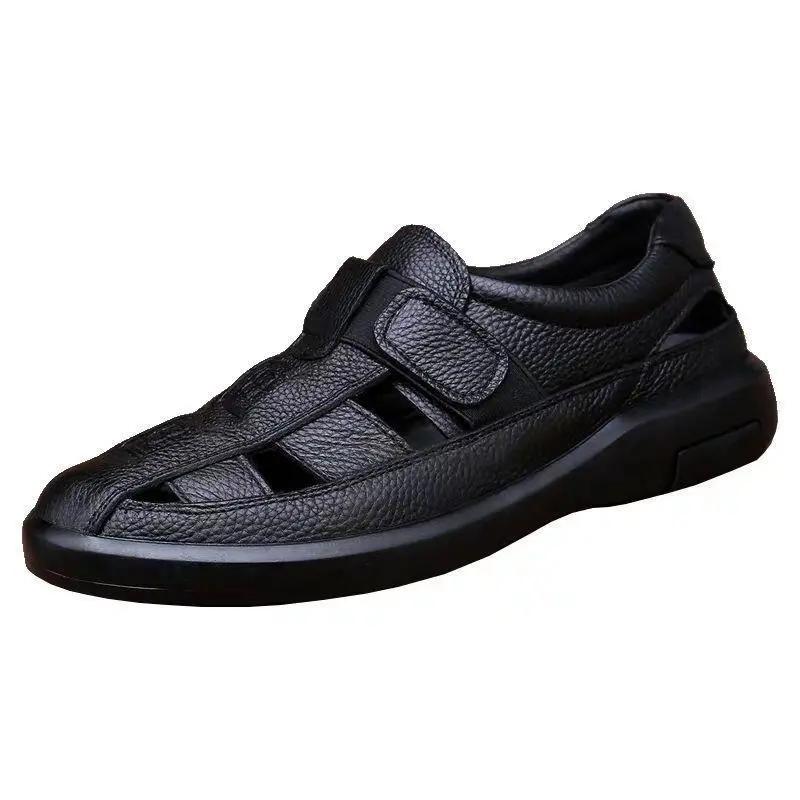 Summer Men's Sandals All-match Soft Bottom Soft Leather Non-slip Breathable Toe Cap Roman Sandals Hollow Velcro Sandals