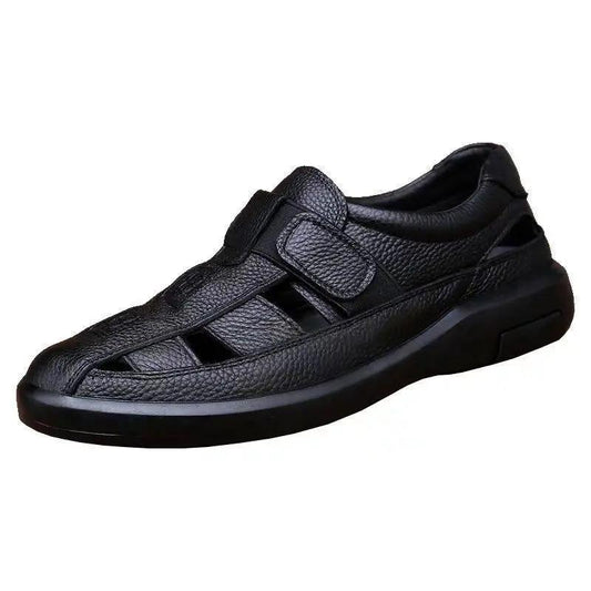 Summer Men's Sandals All-match Soft Bottom Soft Leather Non-slip Breathable Toe Cap Roman Sandals Hollow Velcro Sandals