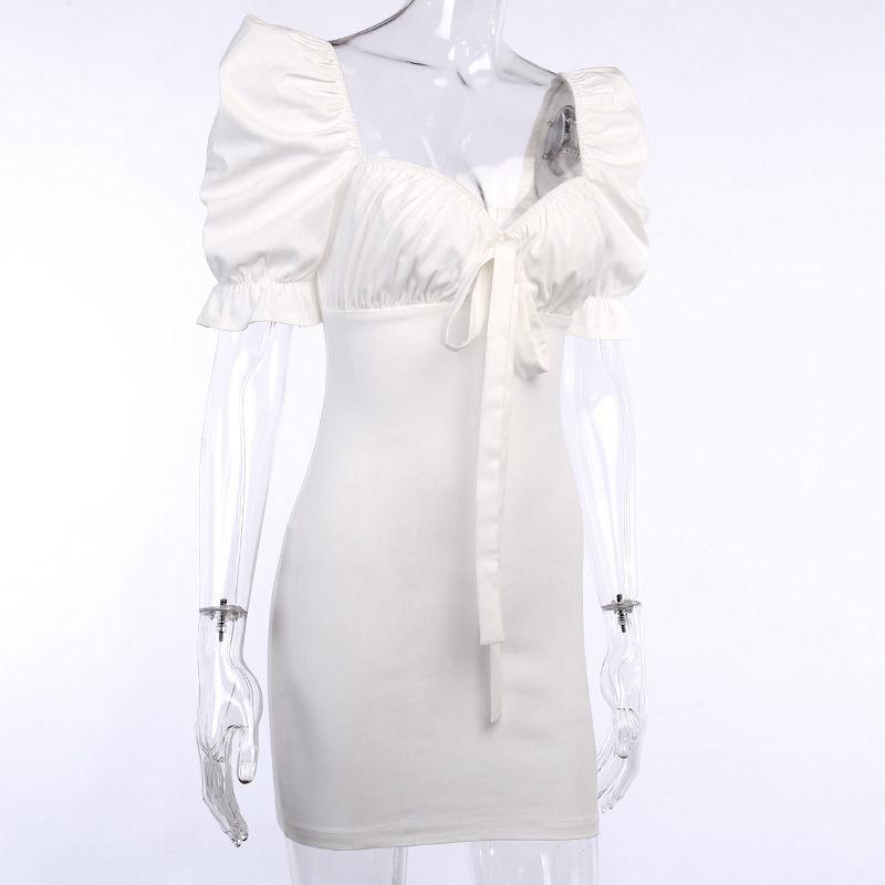 Retro Square Collar Dress Female Summer New Slim Slimming Bow Temperament Bubble Sleeve Bag Hip Skirt