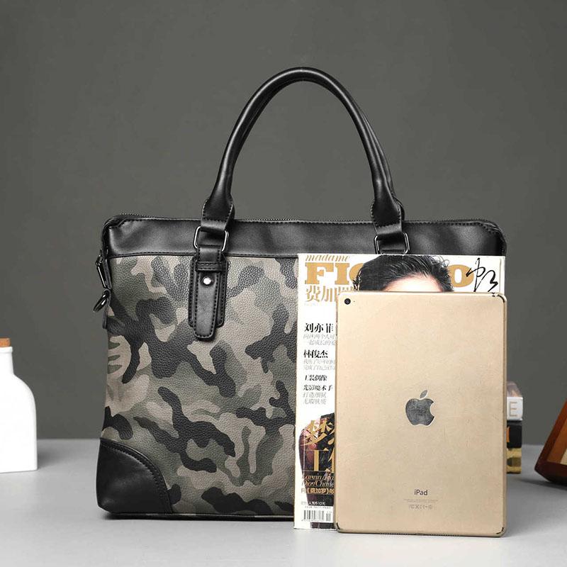 Business Briefcase Men Camouflage PU Leather Zipper Waterproof Handbag Shoulder Bags Messenger Bag