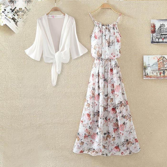 S-2XL Women Chiffon Floral Camisole Dress Elasticated Slim Bohemian A-line Beach Long Skirt