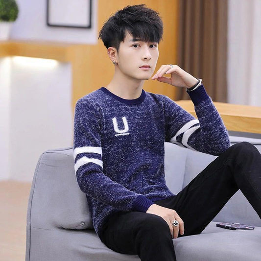 U-shaped Character Men's Pullover Low-neck Casual Autumn and Winter Jacket Long-sleeved Striped All-match Top