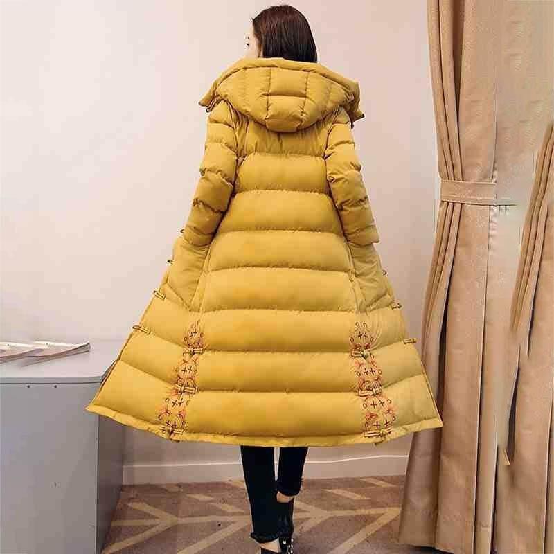 Ethnic Style Long Down Padded Jacket Women Winter Style Retro Disc Buckle Quilted Jacket Embroidered Over The Knee Long
