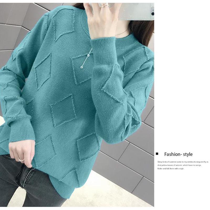 Warm O-neck Sweater Purple Color Rhombus Sweater Knitted Plain Sweater Women Knitwear Long Sleeve