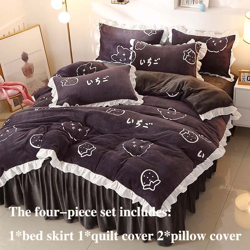 Winter Thick Milk Velvet Four-piece Bed Skirt Plus Velvet Warmth Double-sided Velvet Duvet Cover Bedding Set