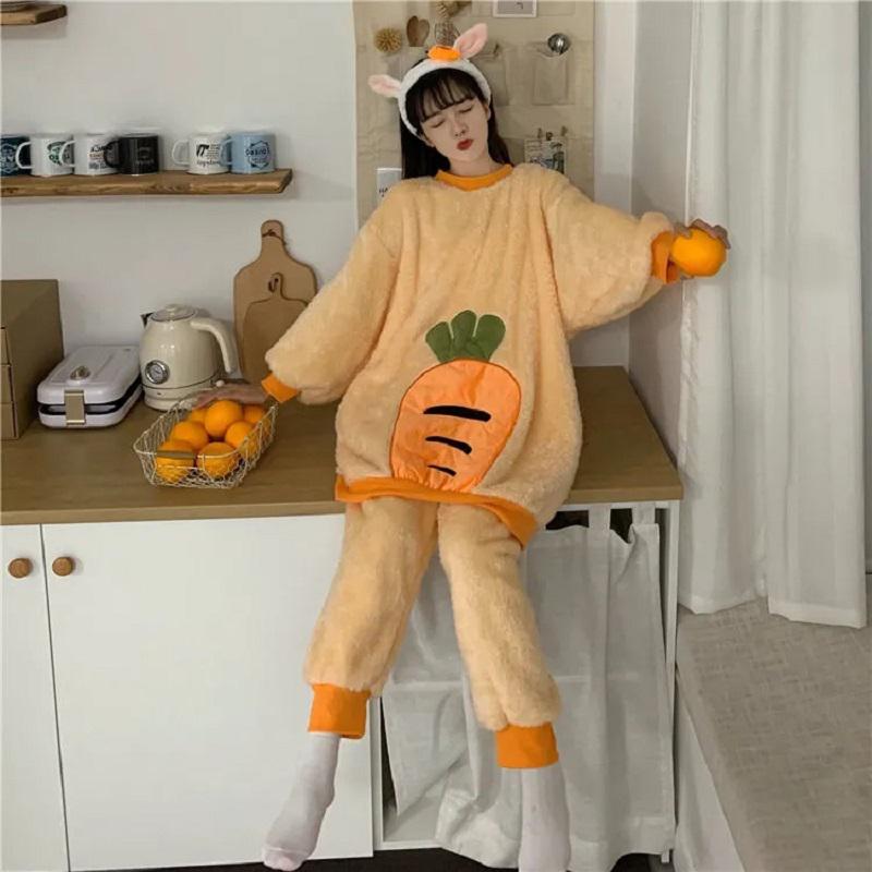 Women's Autumn Winter Flannel Pajamas Set Warm Plus Velvet Thickening Cute Cartoon Carrot Coral Fleece Two-piece Suit Leisure Loose Homewear